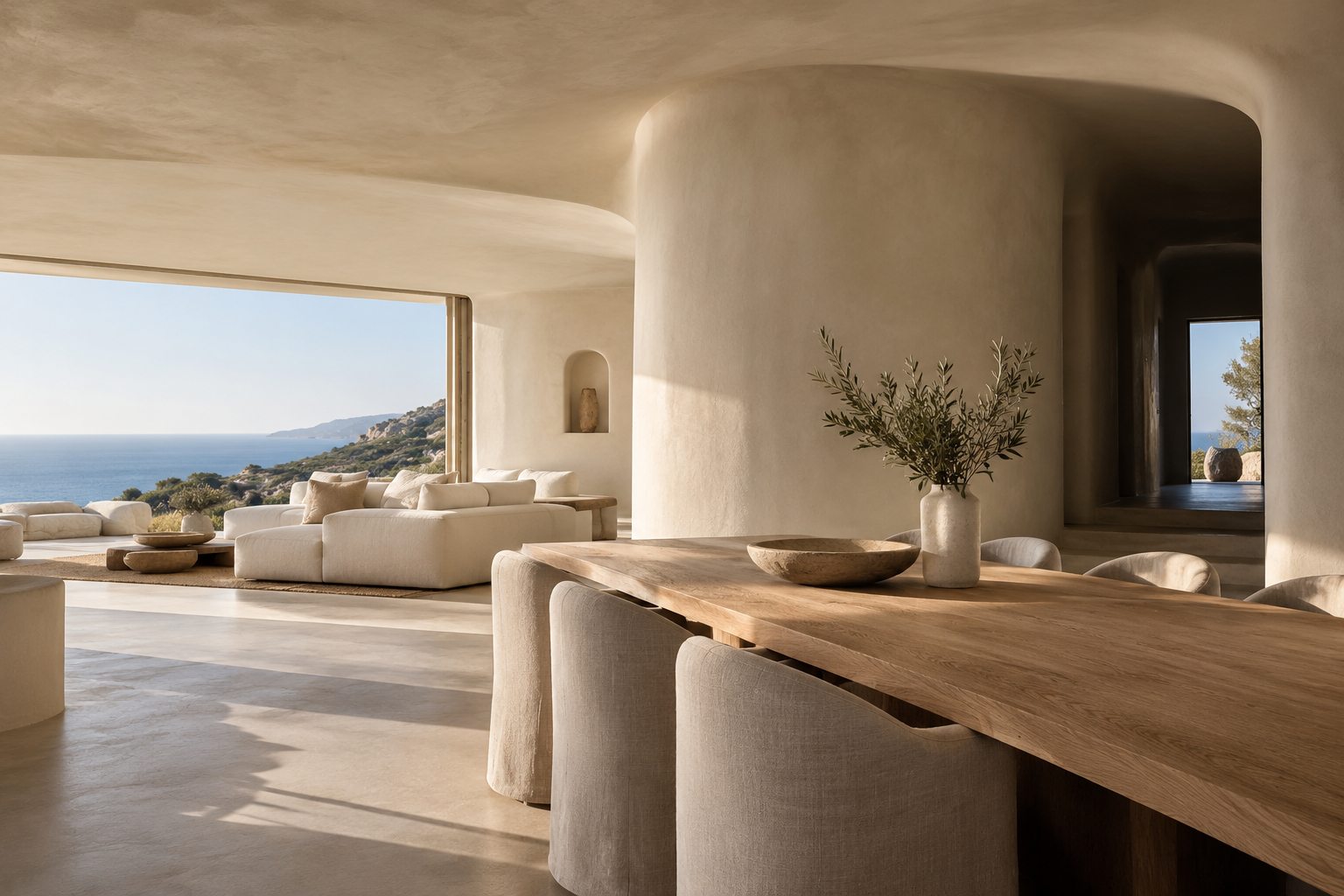 Interior de una residencia costera con paredes curvas y vistas al mar