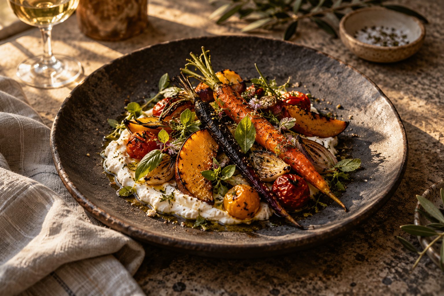 Plato de verduras de temporada a la brasa servido en cerámica oscura